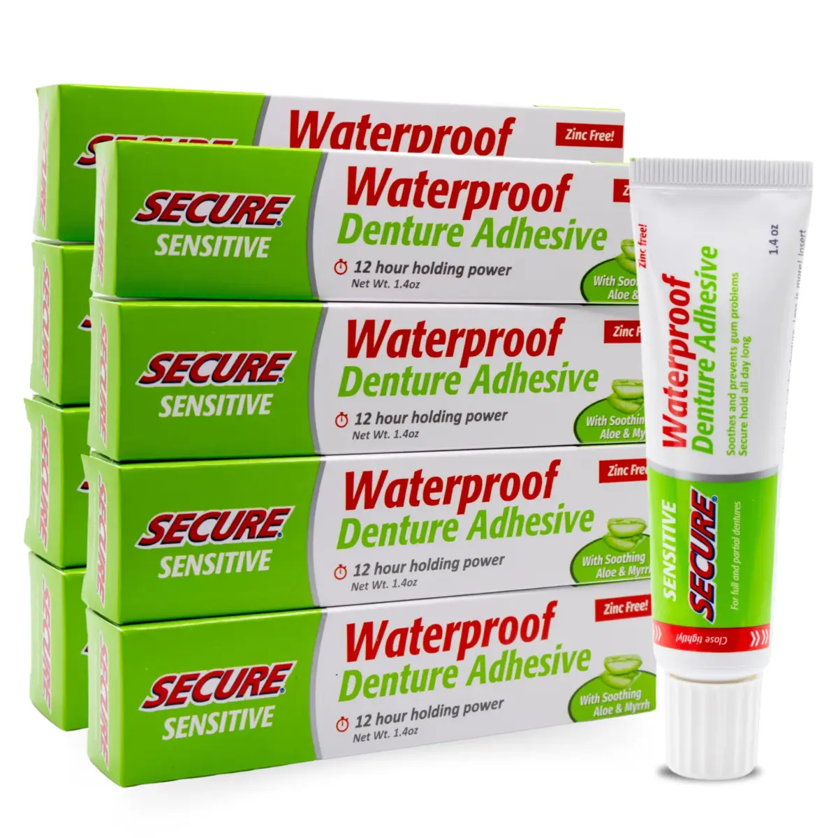 Secure Sensitive Denture Adhesive Cream - Zinc-Free, Gentle Hold, 8 x 1.4 oz Tubes - main product image