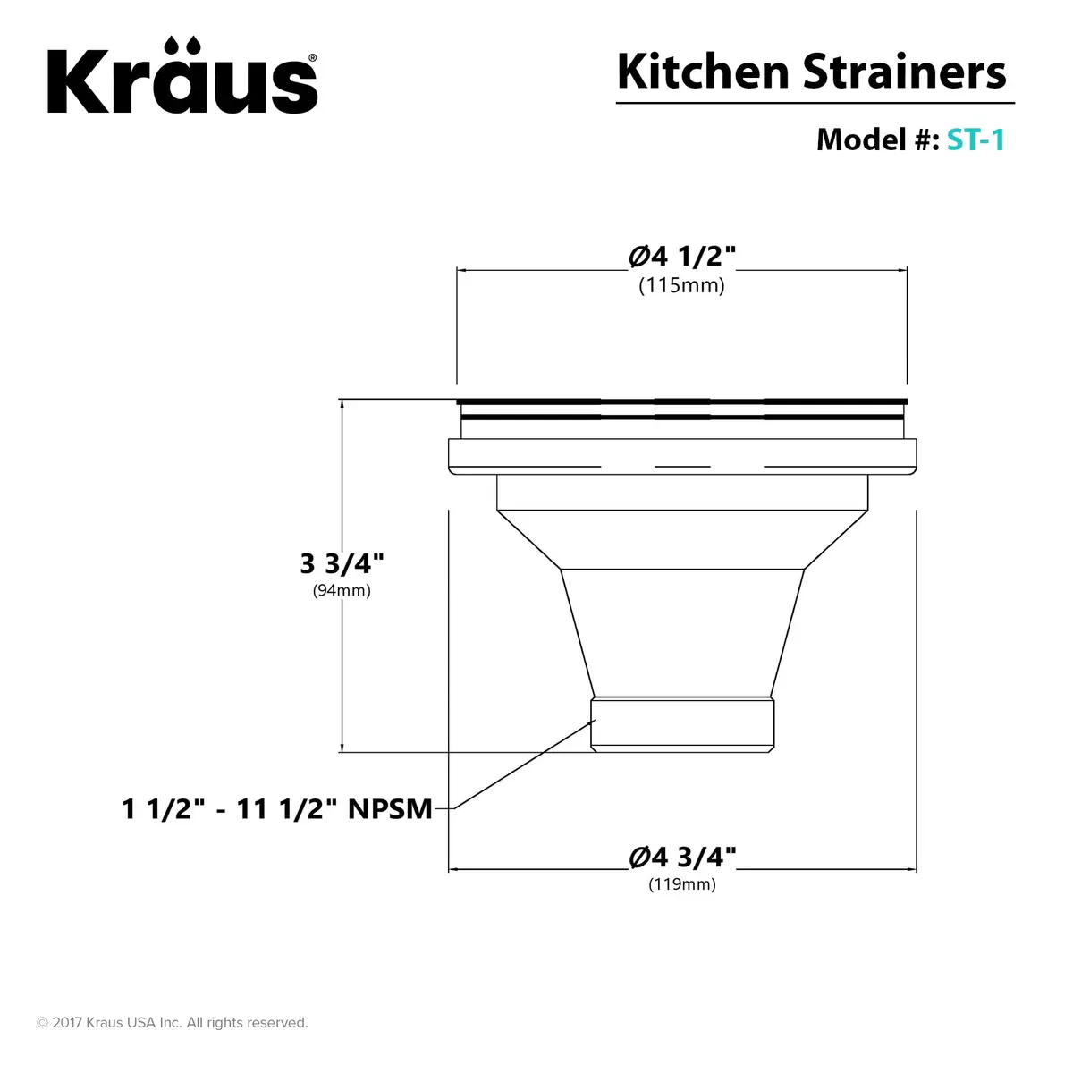 Kraus Kitchen Sink Drain Assembly with Strainer 5" x 5" x 5" | Stainless Steel, Fits 3.5"/4" Openings - view 4