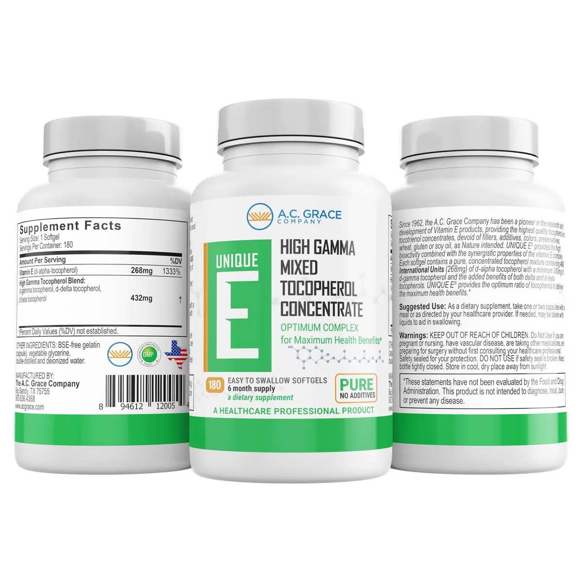 UNIQUE E Mixed Tocopherols Vitamin E Softgels 180 Ct | High Gamma Complex, Natural Antioxidant Support - view 2