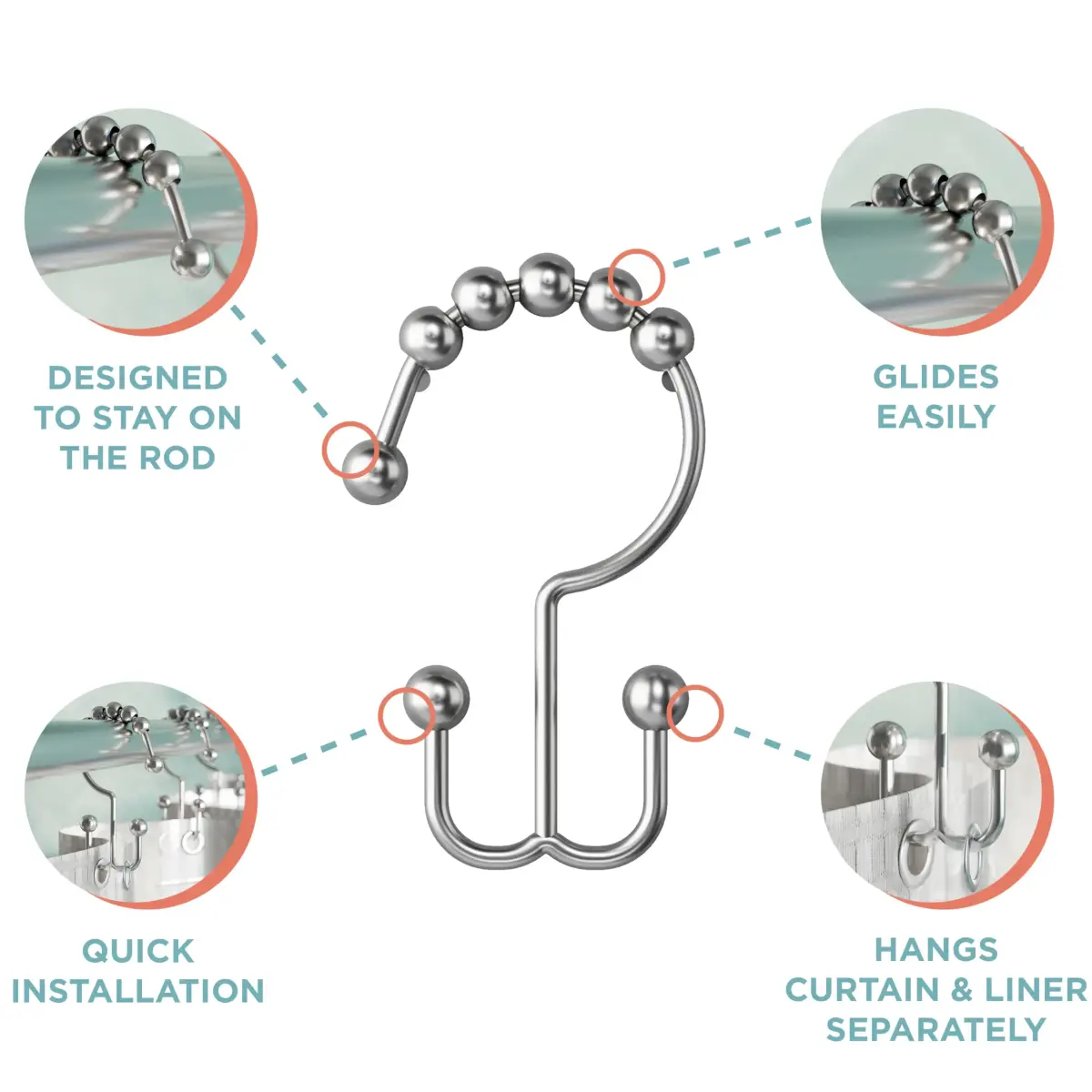 Zenna Home Rust-Resistant Double Roller Glide Shower Hooks Set of 12 | Easy Glide Bathroom Curtain Rings - view 3