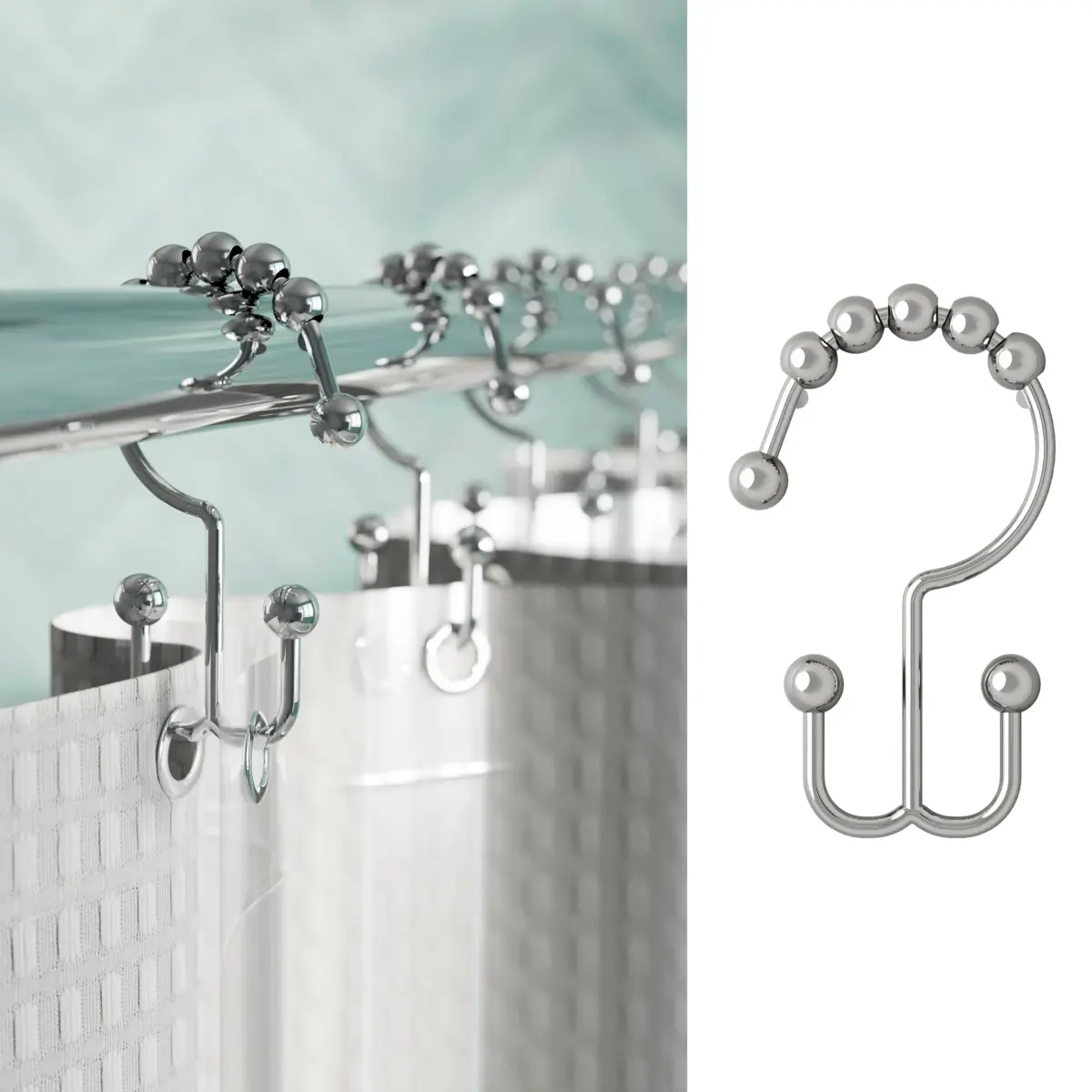 Zenna Home Double Roller Glide Shower Curtain Hooks, Chrome, Set of 12 | Rust-Resistant Metal Rings for Smooth Hanging - main product image
