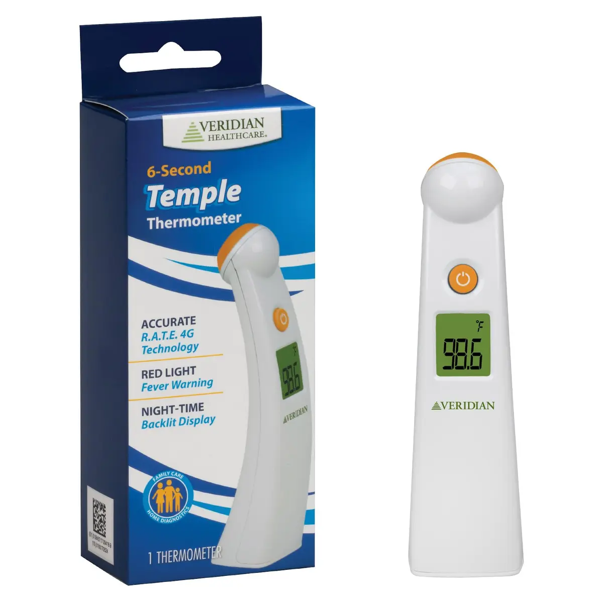 Veridian Healthcare Temple Thermometer | Infrared Measurements | Fast 6-Second Readout | Fever Alert | Backlit Display | Programmable Timer | 1-Year Warranty (Pack of 2) - main product image