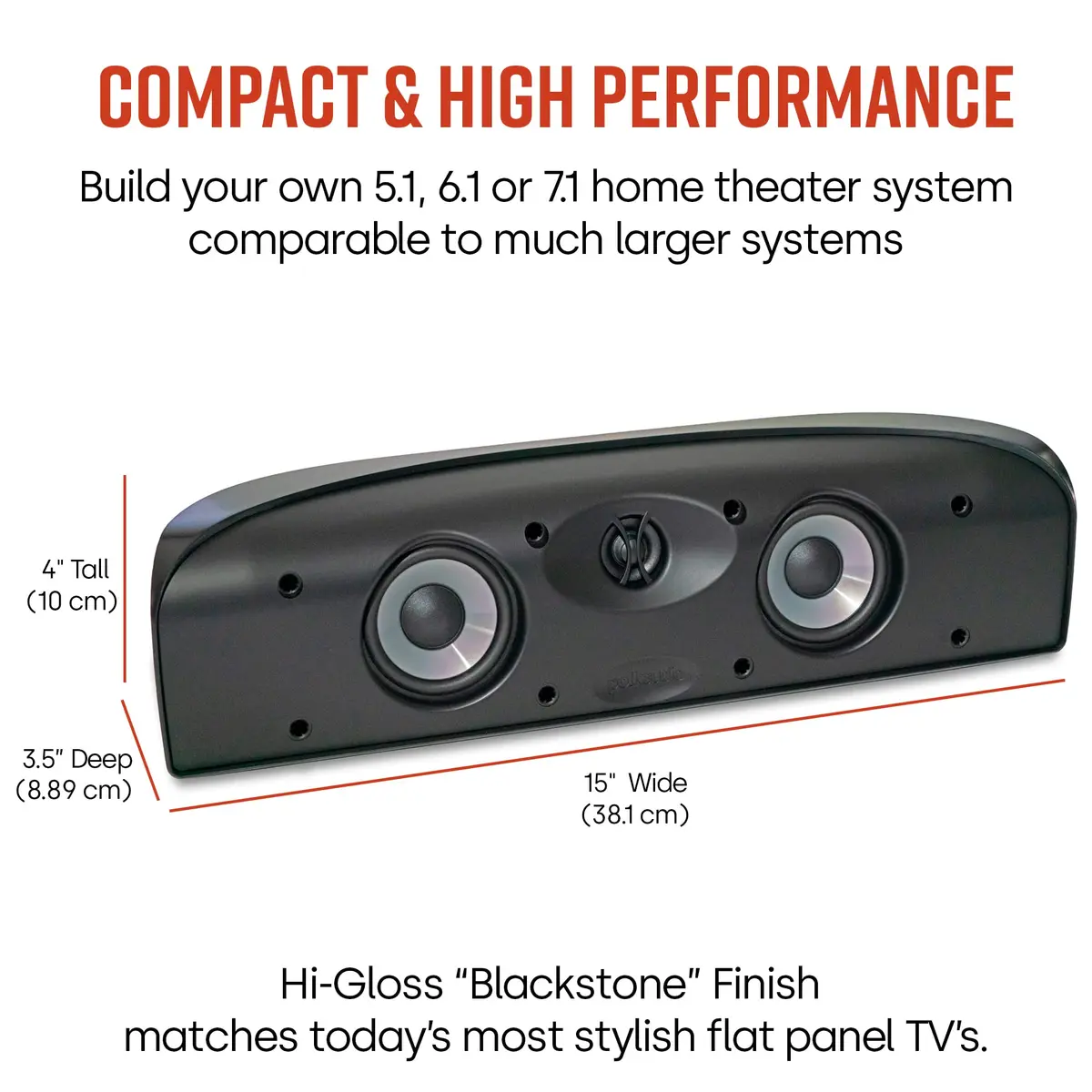 Polk Audio TL1 Center Channel Speaker, Black 10.16 cm (4 in) Woofer | Hi-Gloss Finish - view 3