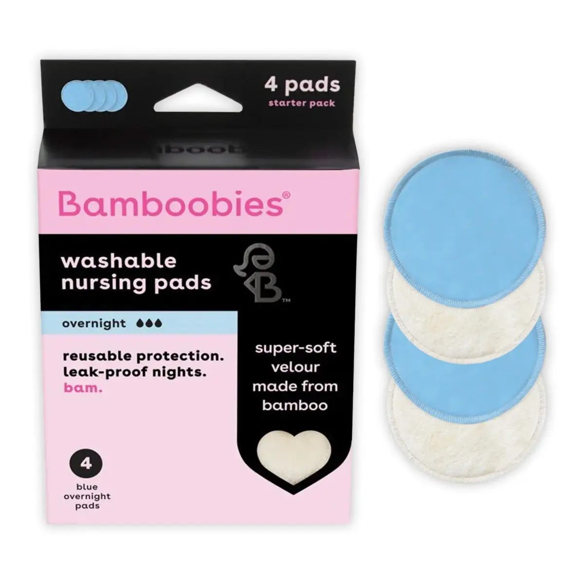 Bamboobies Overnight Nursing Pads - Ultra-Soft Velour, Reusable & Washable, Leak-Proof for Heavy Leaks (4 Pads, Blue) - main product image