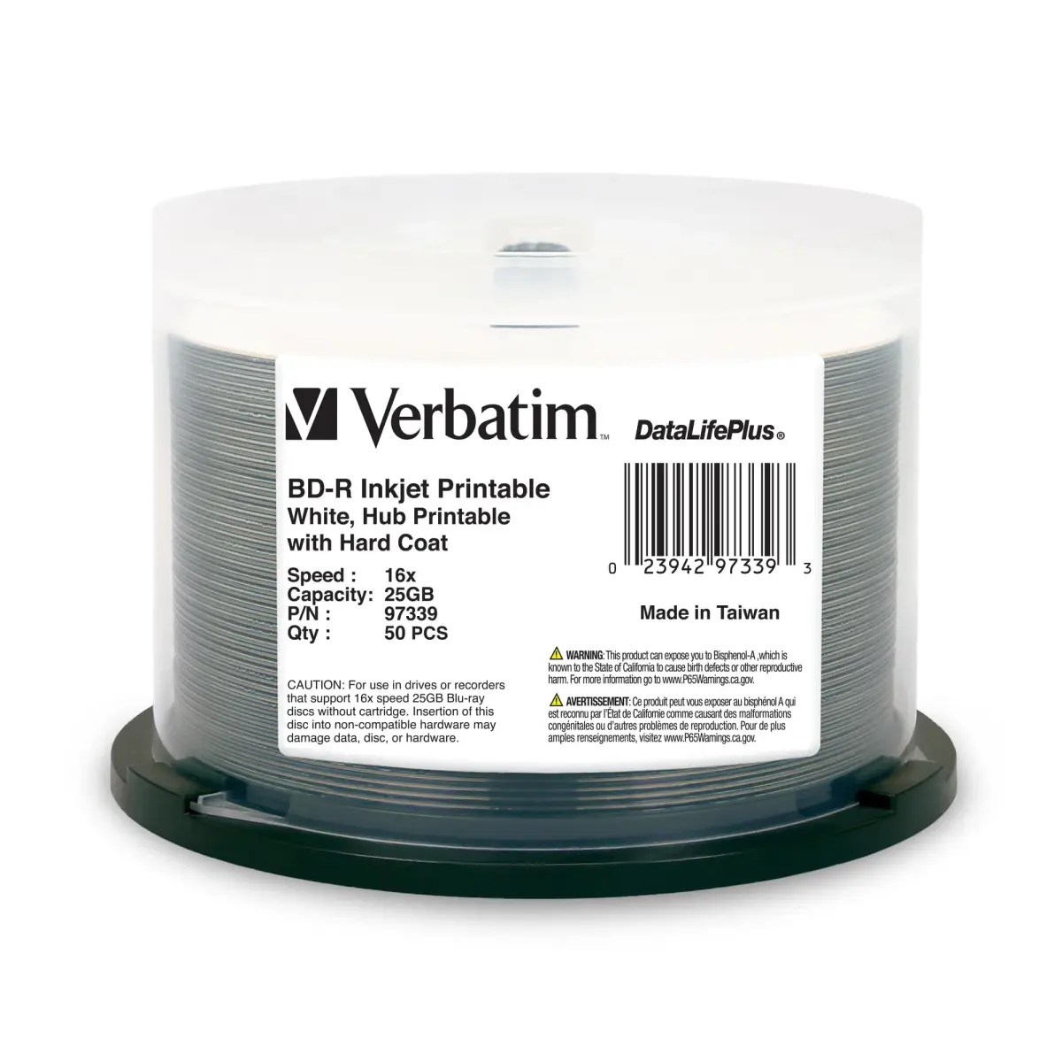 Verbatim BD-R 25GB 16X Blu-ray Recordable Media Disc DataLifePlus White Inkjet Hub Printable 50pk Spindle | Archival Durability for HD Video & Audio - main product image