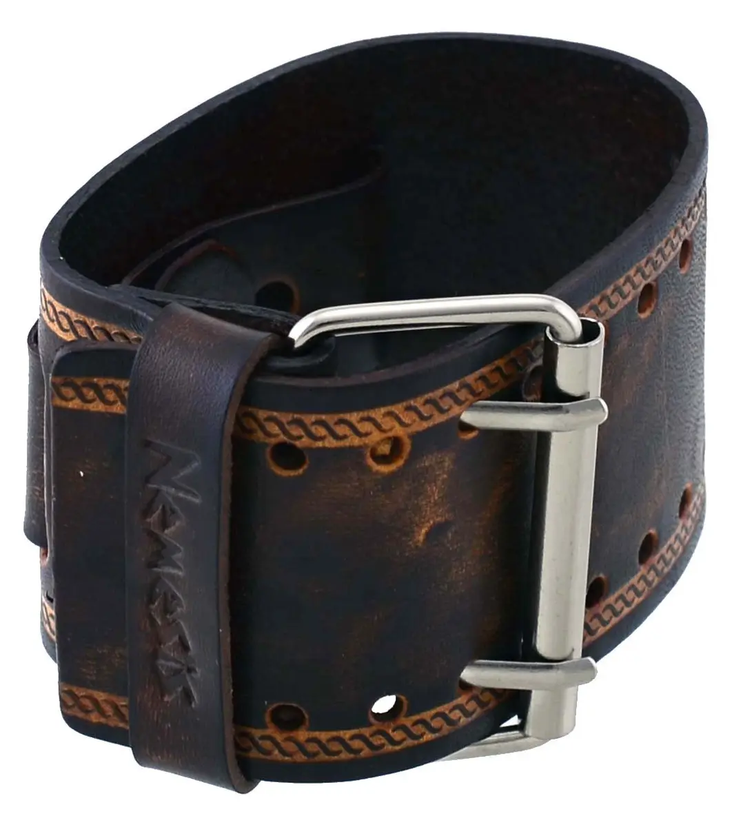 Nemesis Watch Band 24mm Wide Brown Leather Cuff | Genuine Leather, Buckle Closure - view 2