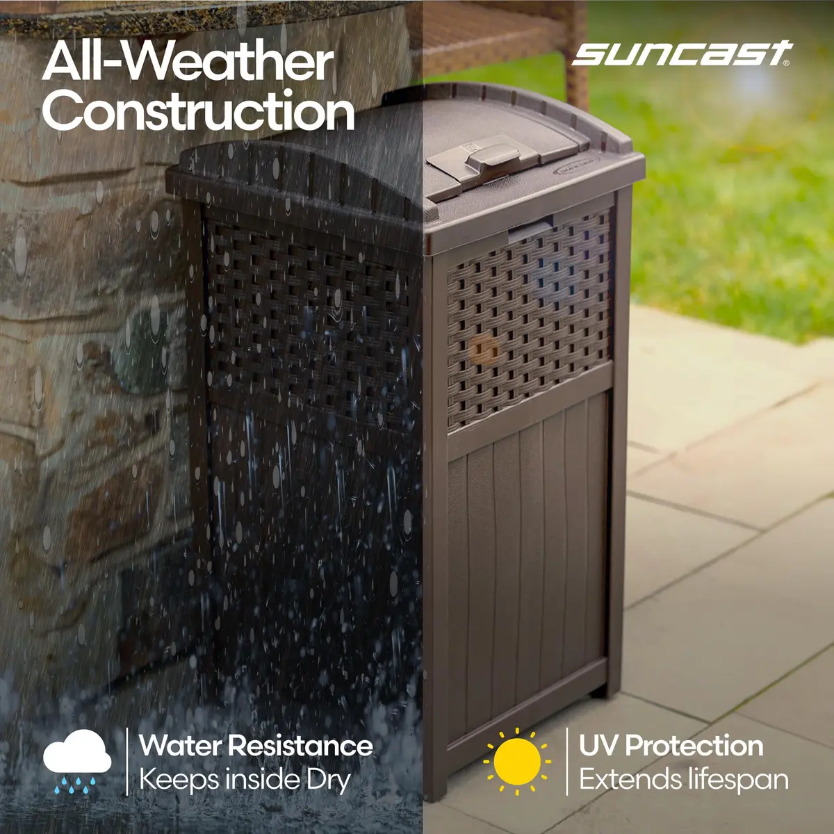Suncast 33 Gallon Outdoor Trash Can with Lid for Garage, Backyard, Garden | Stylish Resin Design, Weather-Resistant, Fits 30-33 Gallon Bags - view 8