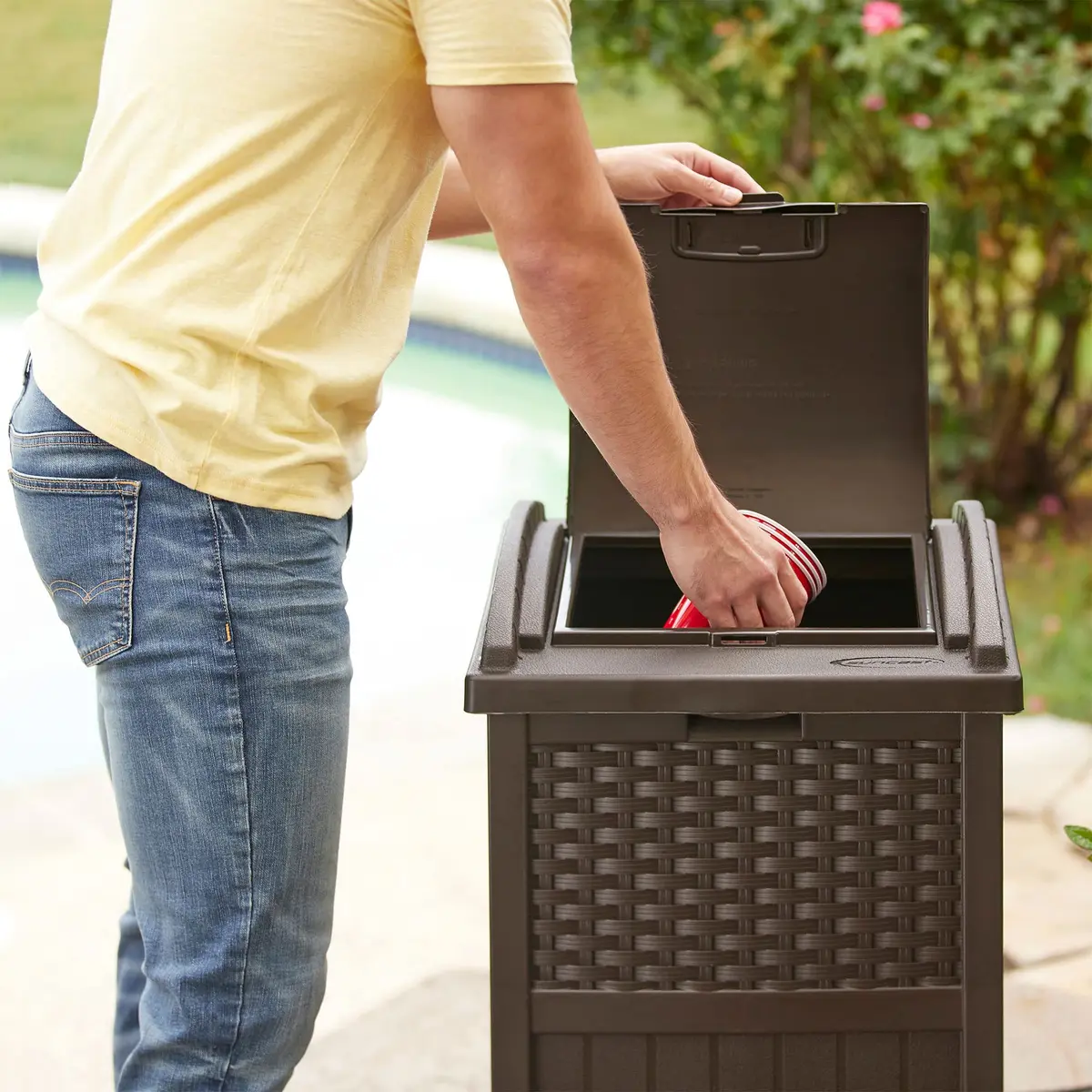 Suncast 33 Gallon Outdoor Trash Can with Lid for Garage, Backyard, Garden | Stylish Resin Design, Weather-Resistant, Fits 30-33 Gallon Bags - view 2