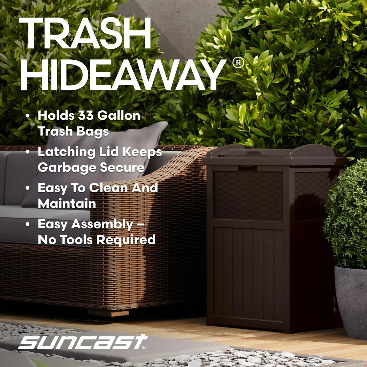 Suncast 33 Gallon Outdoor Trash Can with Lid for Garage, Backyard, Garden | Stylish Resin Design, Weather-Resistant, Fits 30-33 Gallon Bags - view 3
