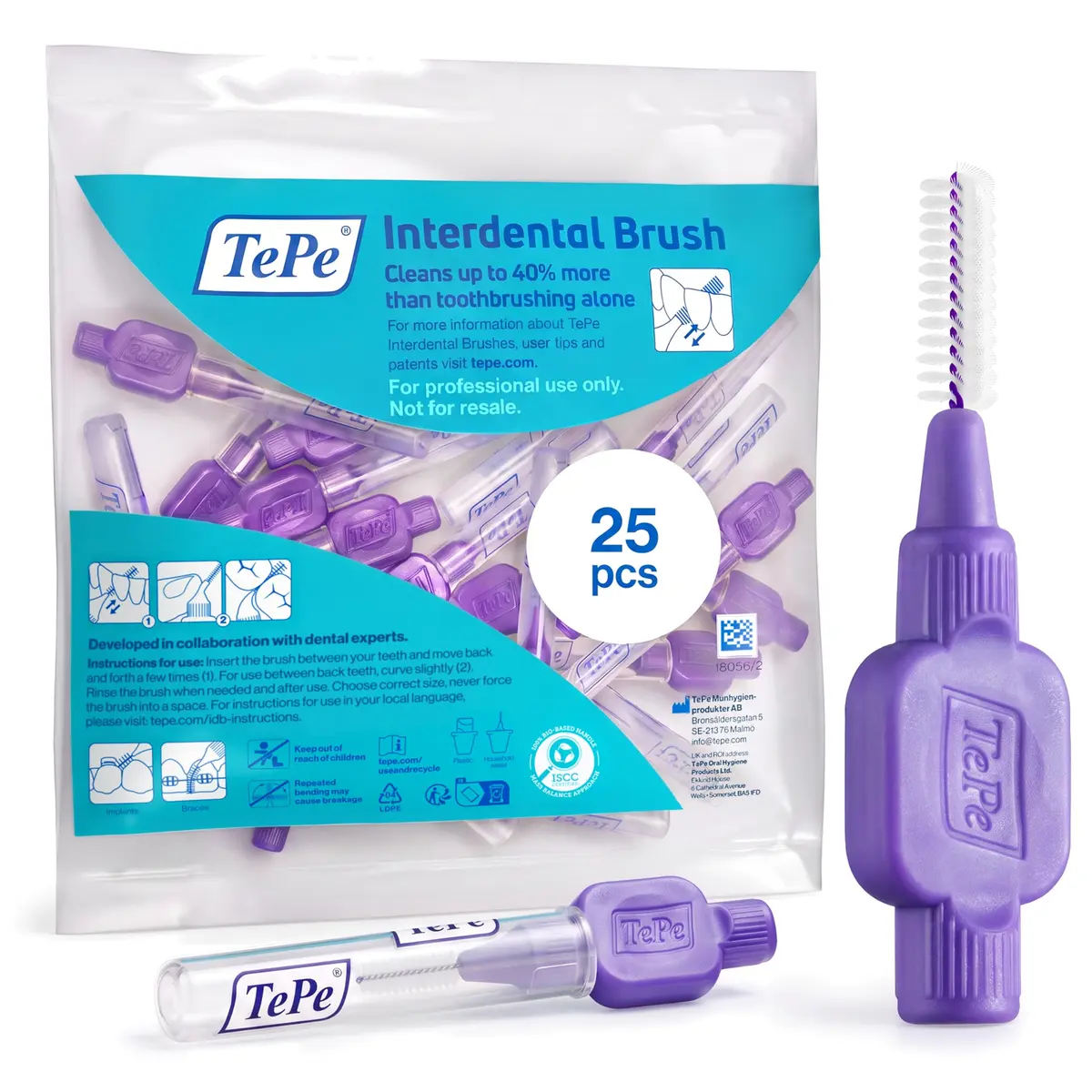 TePe Interdental Brush, Purple, 25 pcs | Soft nylon bristles for cleaning gaps, safe around implants & crowns - main product image