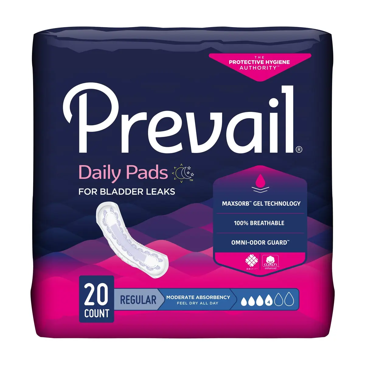 Prevail Moderate Absorbency Daily Pads for Bladder Leaks 20 Count | 26.9 cm (10.6 in) | Breathable Technology for Skin Comfort - main product image