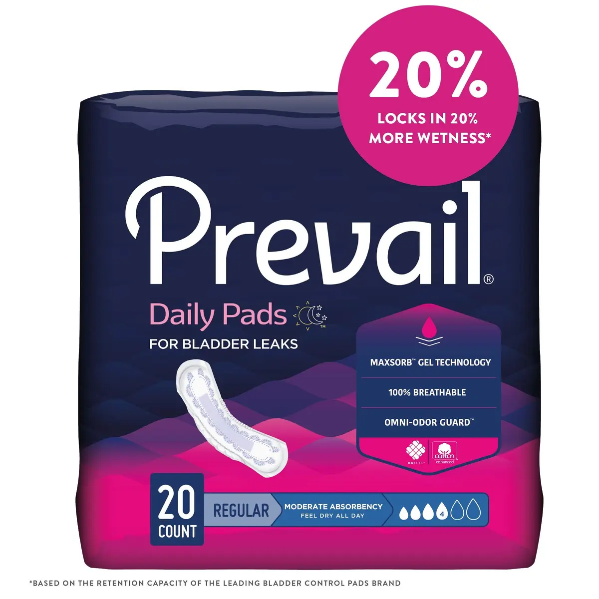 Prevail Moderate Absorbency Daily Pads for Bladder Leaks 20 Count | 26.9 cm (10.6 in) | Breathable Technology for Skin Comfort - view 6