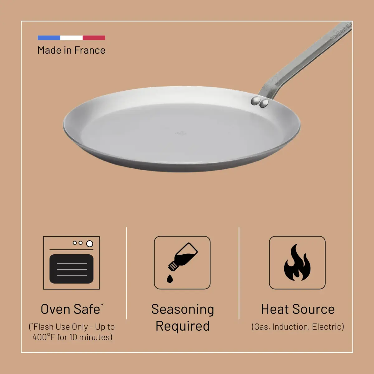 de Buyer MINERAL B Carbon Steel Crepe & Tortilla Pan - 24 cm (9.5 inch) Diameter | Induction Compatible, Oven Safe - view 5