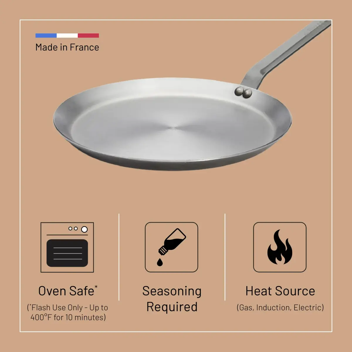 de Buyer MINERAL B Carbon Steel Crepe & Tortilla Pan - 30 cm (12") Diameter, 25 cm (10") Cooking Surface | Naturally Non-Stick Finish - view 5