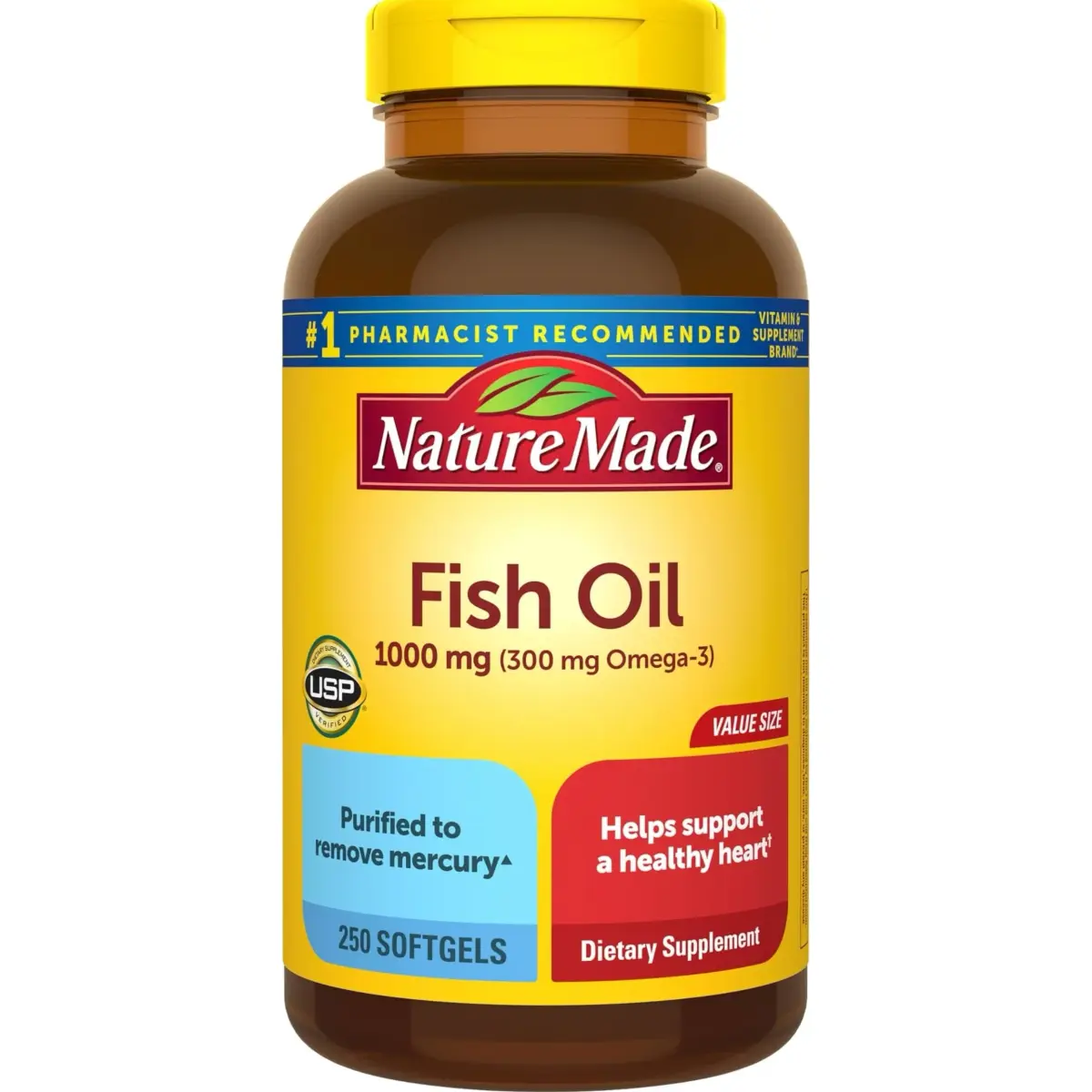 Nature Made Fish Oil Omega 3 Supplements 1000mg Softgels 250 Count | Heart Health Support with USP Verification - main product image