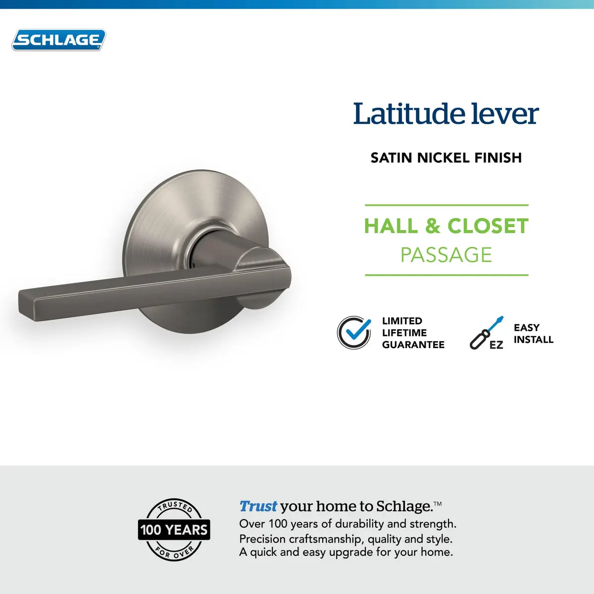 SCHLAGE Latitude Hall/Closet Passage Door Handle Lever, Satin Nickel, 2.5 inches (6.35 cm) Length | Grade 2 BHMA Certified - view 5