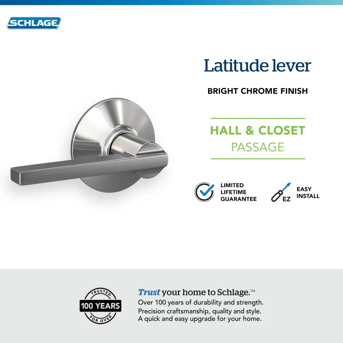 SCHLAGE Latitude Hall/Closet Passage Door Handle, Reversible, Bright Chrome (1-Pack) - view 4