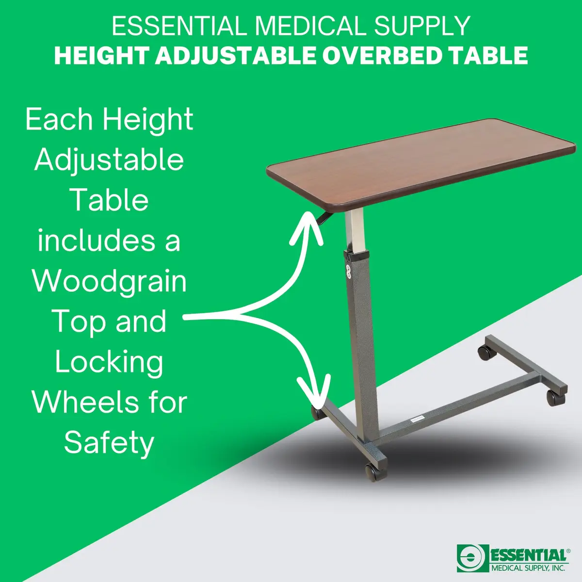 Essential Medical Supply Height Adjustable Overbed Table with Locking Wheels | Woodgrain Top for Adults & Seniors - view 6