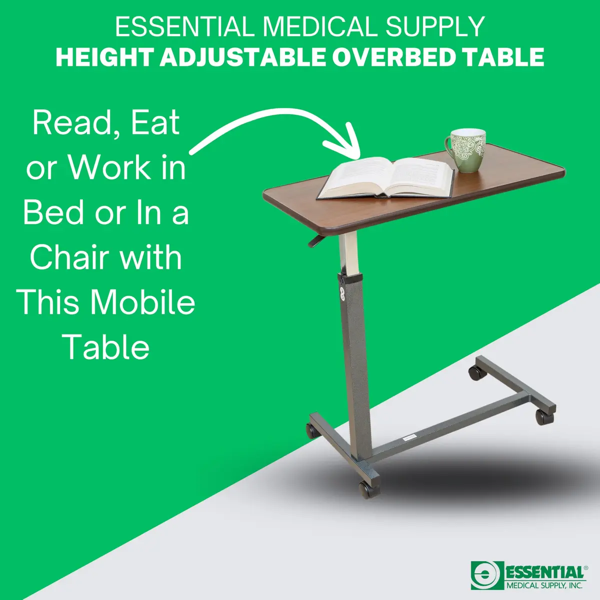 Essential Medical Supply Height Adjustable Overbed Table with Locking Wheels | Woodgrain Top for Adults & Seniors - view 3