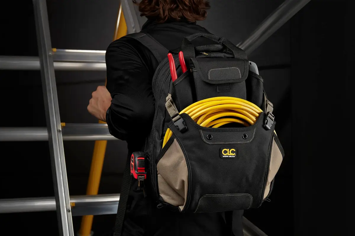 Custom Leathercraft 1134 Carpenter's Tool Backpack, 44 Pockets, Padded Back Support, Black - view 6