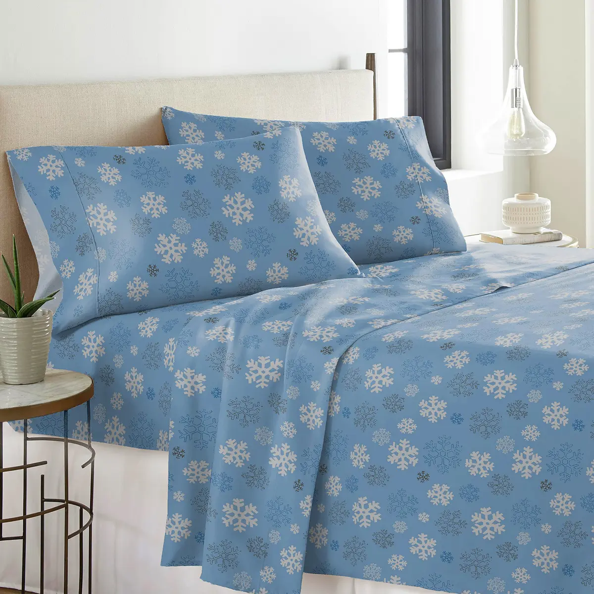 Pointehaven Heavy Weight Flannel Sheet Set Queen Snow Flakes | Warm & Cozy 100% Cotton (70-120 chars) - view 2