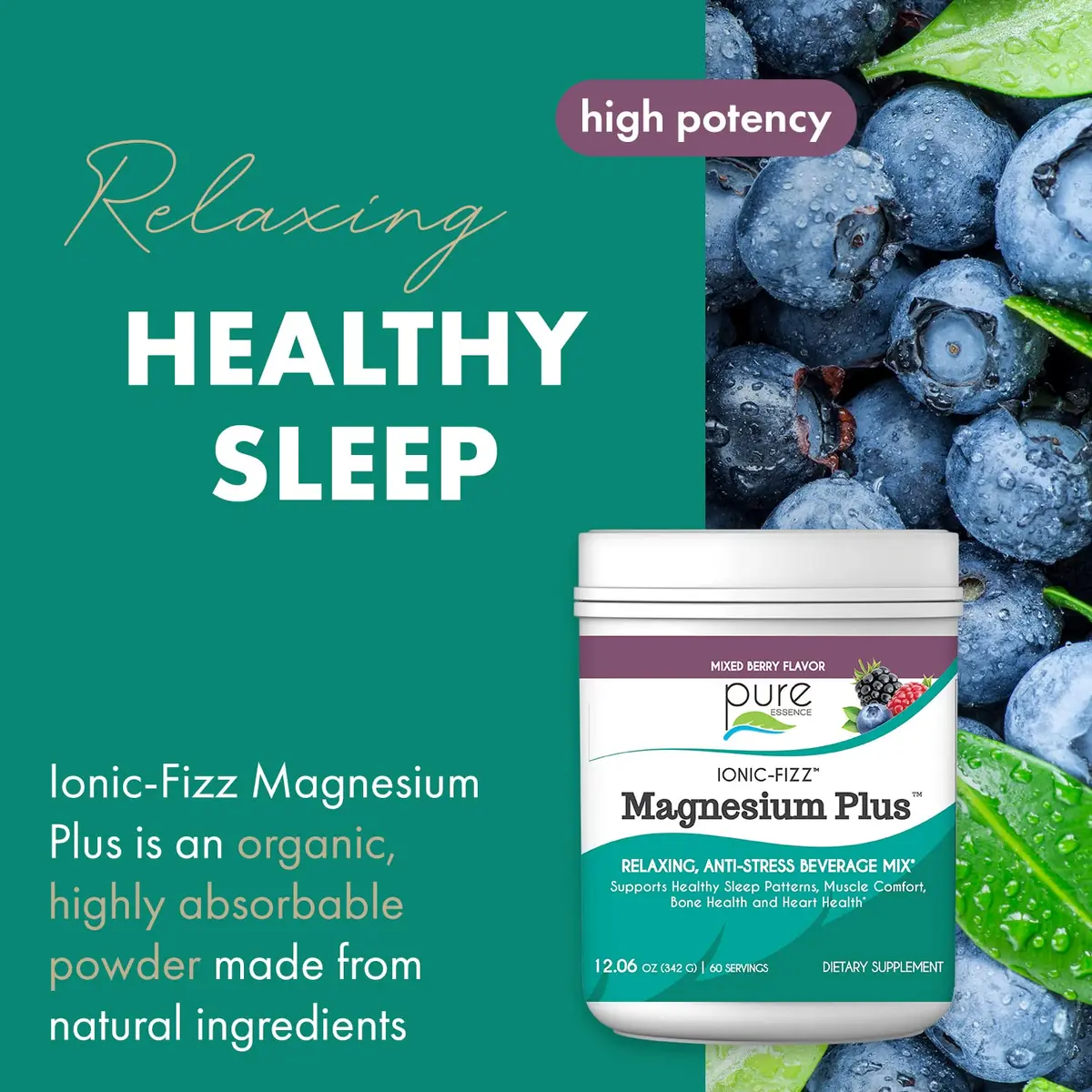 Pure Essence Labs Ionic Fizz Magnesium Plus | Anti-Stress Magnesium Powder (Mixed Berry, 12.06 Oz) - view 2