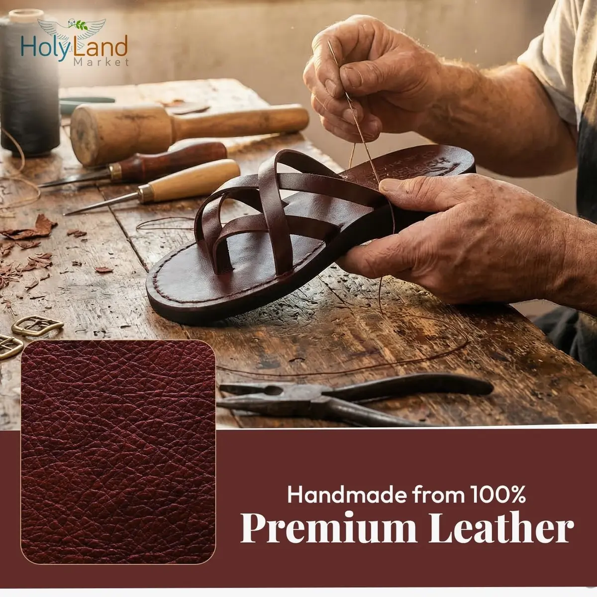 Holy Land Market Biblical Jesus Leather Sandals/Slides from Jerusalem (Jersualem Style I) | Classic Jerusalem Style for Adults - view 3