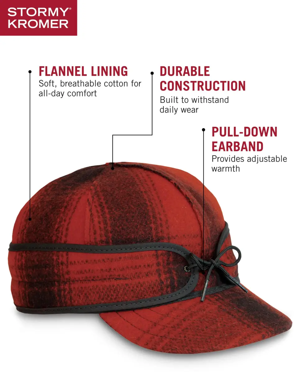Stormy Kromer The Original Cap, Red/Black Plaid, Size 7 3/8 (19.7 cm) | Classic Wool Blend Winter Hat with Earflaps - view 4