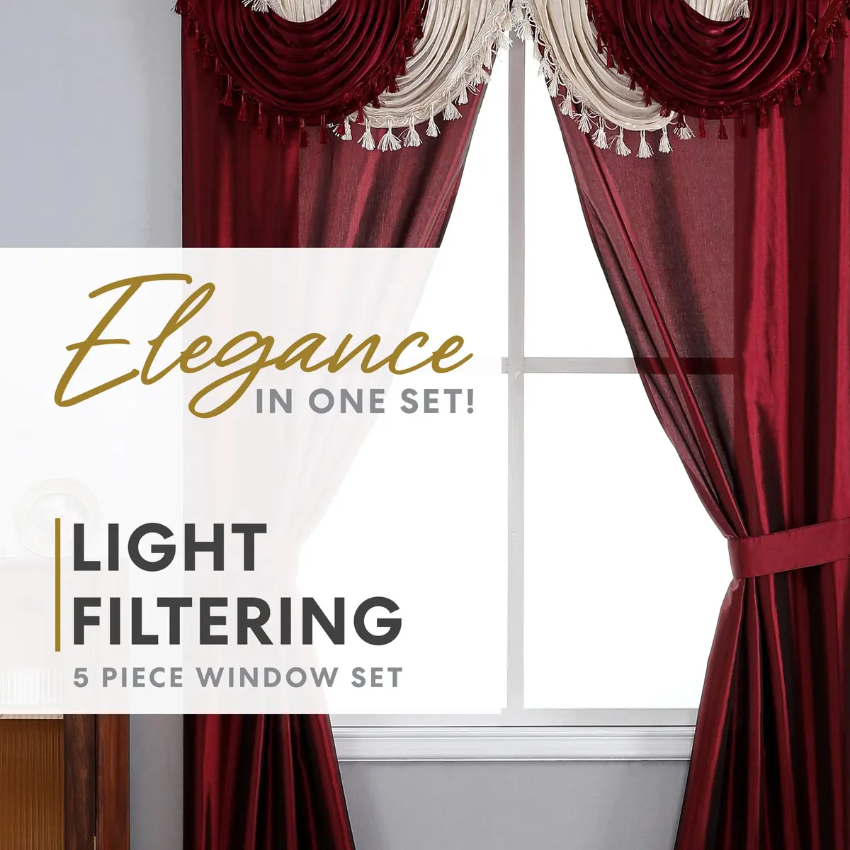 Regal Home Collections Amore 5-Piece Curtain Set - 137cm W x 213cm L Panels | Light Filtering Brick - view 2