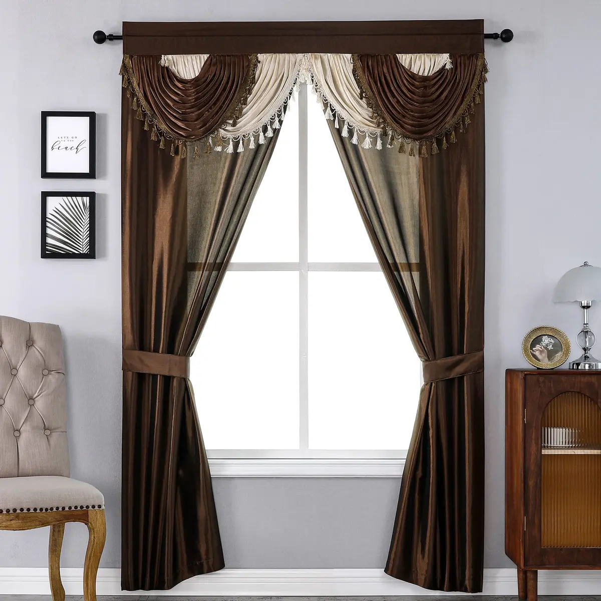 Regal Home Collections Amore 5-Piece Curtain Set 213cm x 213cm (84" L x 54" W) | Light Filtering Panels with Valance & Tiebacks - main product image