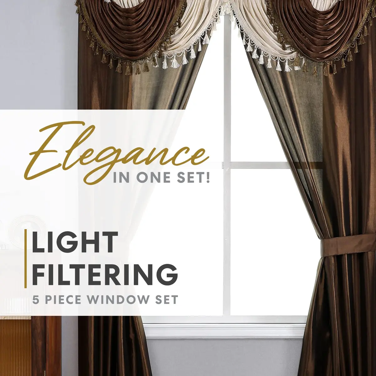 Regal Home Collections Amore 5-Piece Curtain Set 213cm x 213cm (84" L x 54" W) | Light Filtering Panels with Valance & Tiebacks - view 2