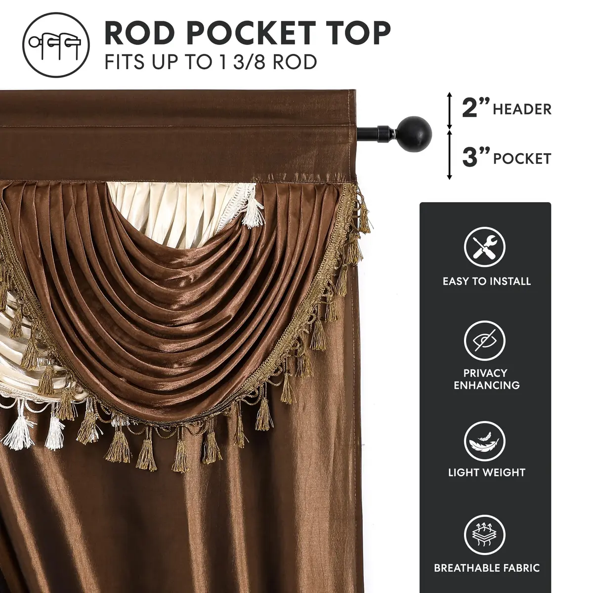 Regal Home Collections Amore 5-Piece Curtain Set 213cm x 213cm (84" L x 54" W) | Light Filtering Panels with Valance & Tiebacks - view 3
