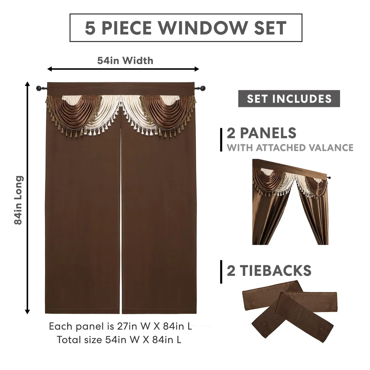 Regal Home Collections Amore 5-Piece Curtain Set 213cm x 213cm (84" L x 54" W) | Light Filtering Panels with Valance & Tiebacks - view 4