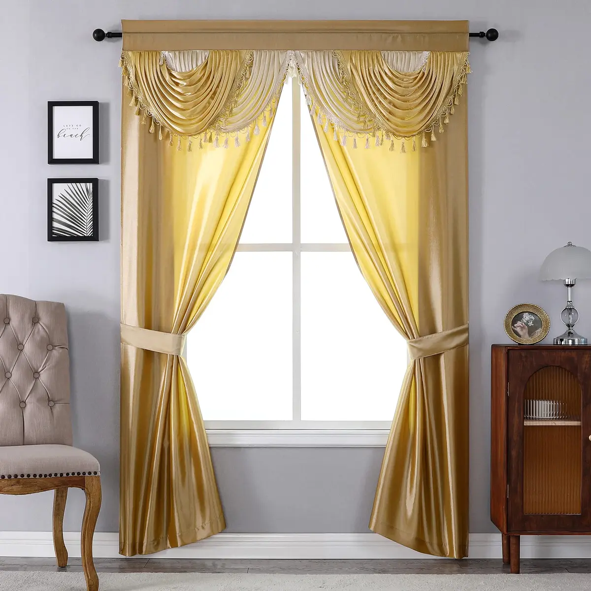 Regal Home Collections Amore Curtains 5-Piece Window Curtain Set 137cm x 213cm (54"W x 84"L) | Gold Light-Filtering Panels with Valance & Tiebacks - main product image