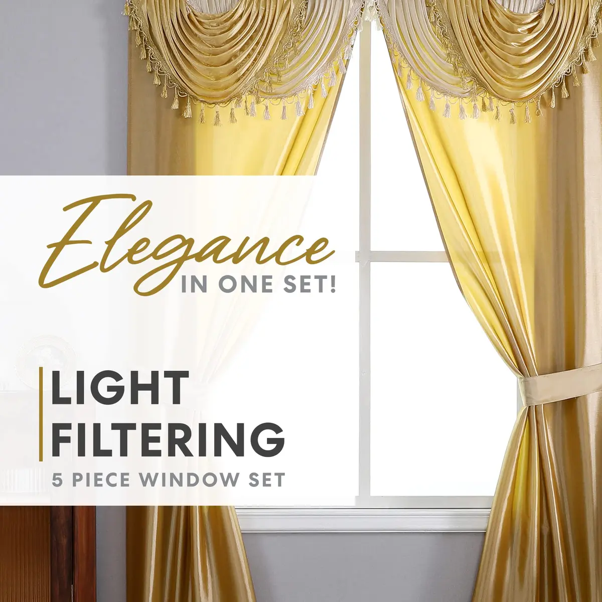 Regal Home Collections Amore Curtains 5-Piece Window Curtain Set 137cm x 213cm (54"W x 84"L) | Gold Light-Filtering Panels with Valance & Tiebacks - view 2