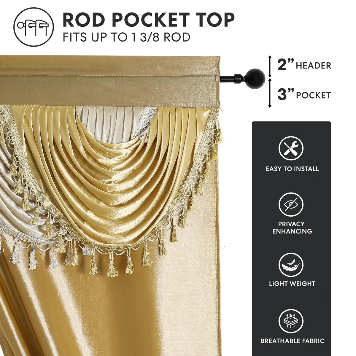 Regal Home Collections Amore Curtains 5-Piece Window Curtain Set 137cm x 213cm (54"W x 84"L) | Gold Light-Filtering Panels with Valance & Tiebacks - view 3
