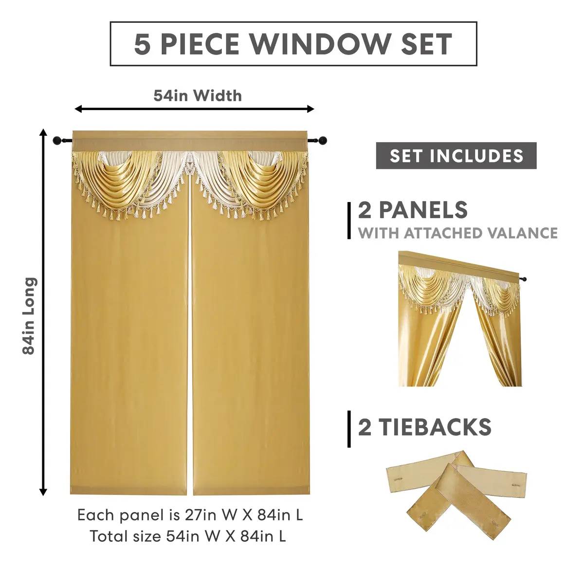Regal Home Collections Amore Curtains 5-Piece Window Curtain Set 137cm x 213cm (54"W x 84"L) | Gold Light-Filtering Panels with Valance & Tiebacks - view 4