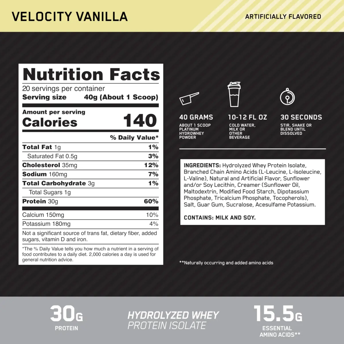 Optimum Nutrition Platinum Hydrowhey Protein Powder, Velocity Vanilla, 907g (2 LB) | Hydrolyzed Whey Isolate for Rapid Recovery - view 3
