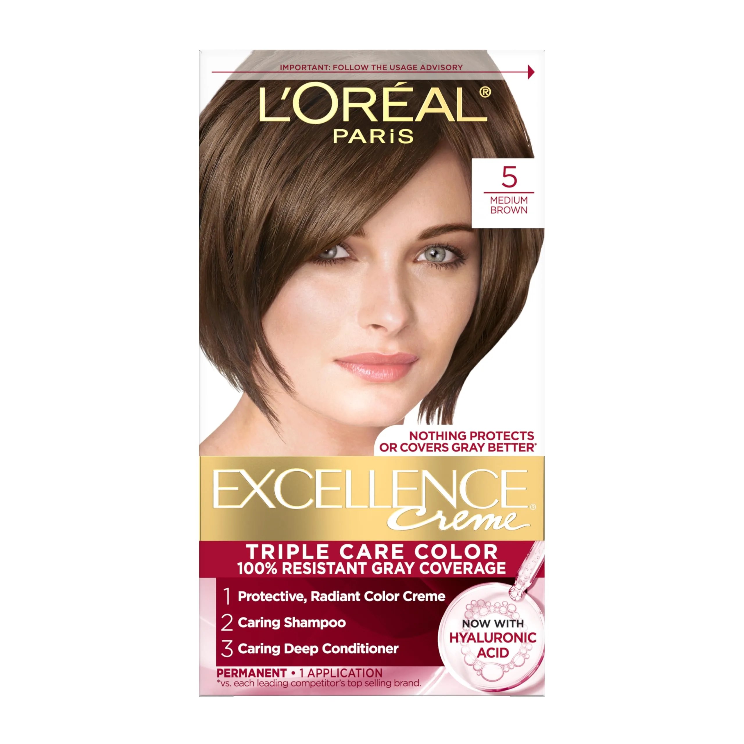 L'Oreal Paris Excellence Crème Permanent Hair Dye Medium Brown | Triple Care Color with Hyaluronic Acid for 100% Gray Coverage - main product image
