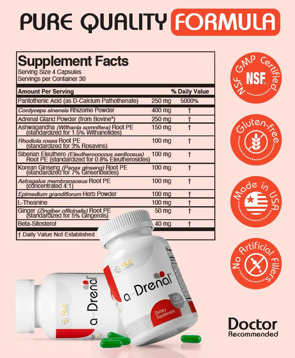 RLC Labs a-Drenal 120 Capsules | Cortisol & Stress Support with Ashwagandha, Rhodiola & Ginger - view 3