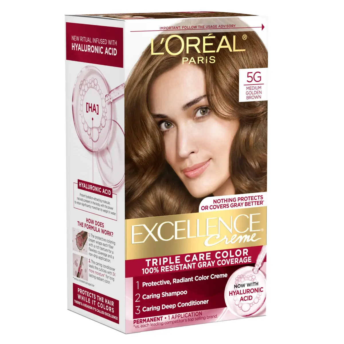 L'Oreal Paris Excellence Crème Permanent Hair Dye 5G Medium Golden Brown 1 Kit | Triple Care Color with Hyaluronic Acid - main product image