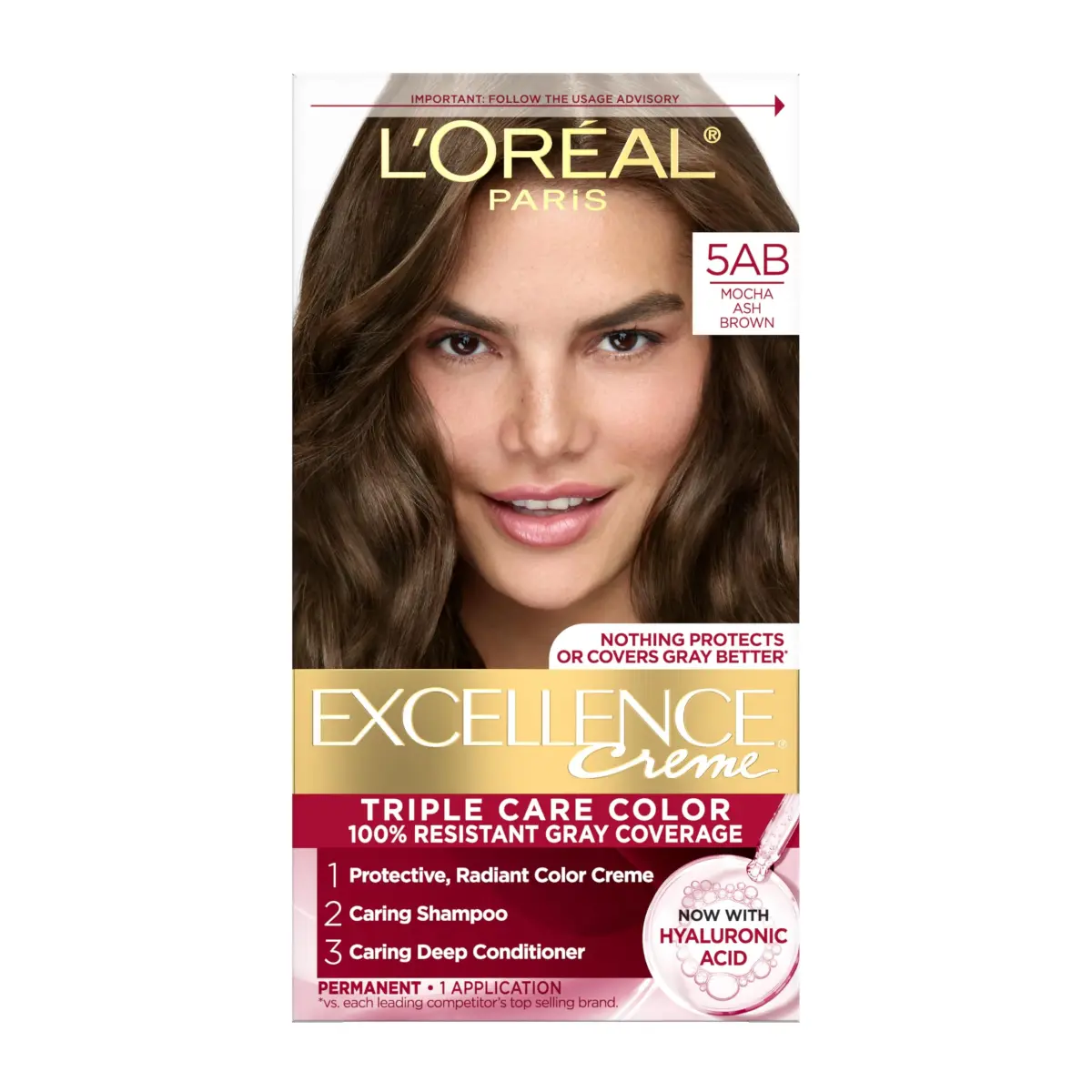 L'Oreal Paris Excellence Crème Permanent Hair Dye Mocha Ash Brown 5AB | Triple Care Color Routine with Hyaluronic Acid - main product image