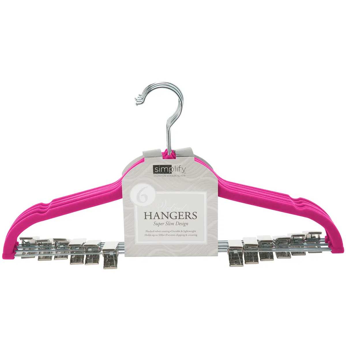 Simplify 6 Pack Slim Velvet Hangers with Clips Space Saver Prevent Garment Creases Fuchsia | Anti-Slip, Durable, Swivel Neck - main product image