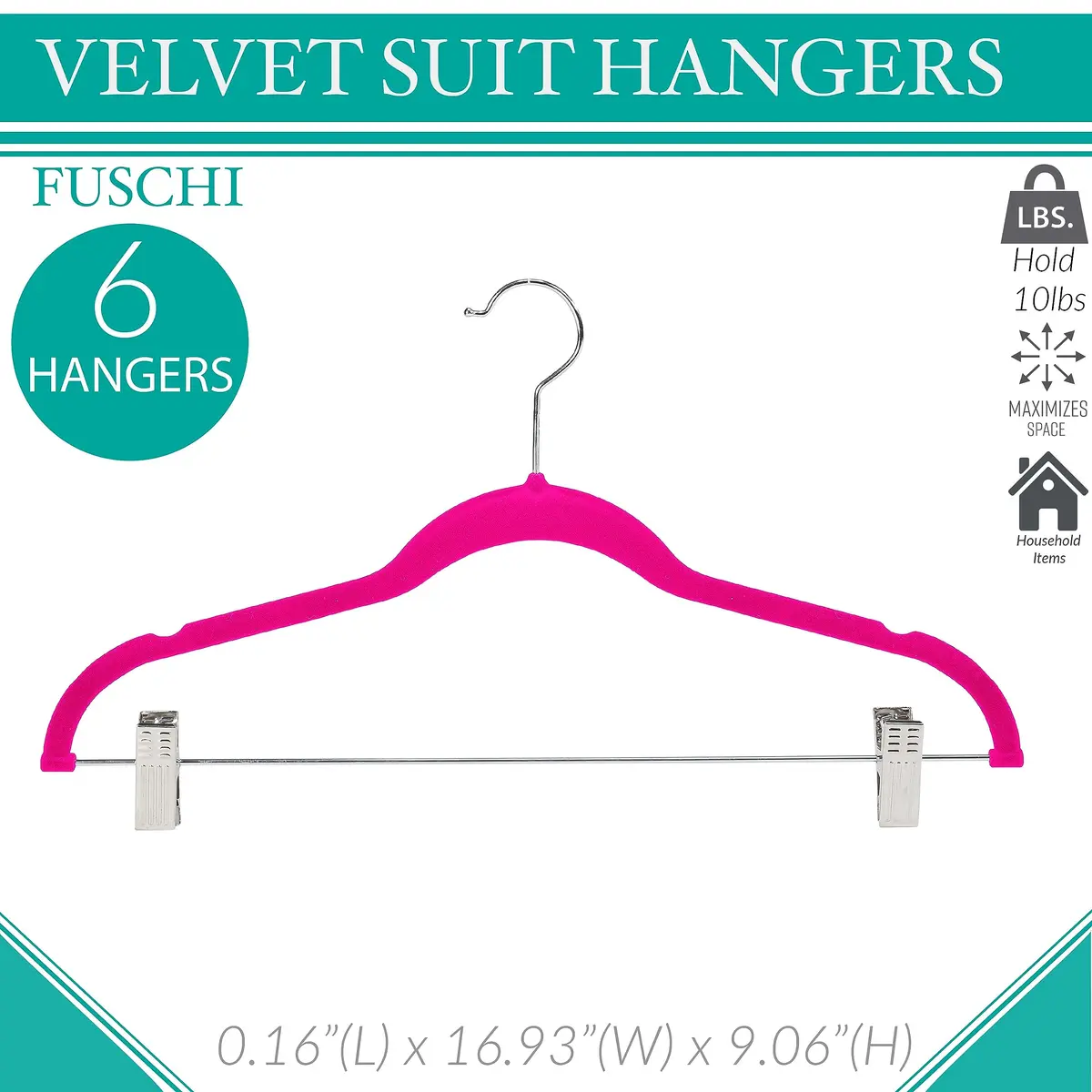 Simplify 6 Pack Slim Velvet Hangers with Clips Space Saver Prevent Garment Creases Fuchsia | Anti-Slip, Durable, Swivel Neck - view 2