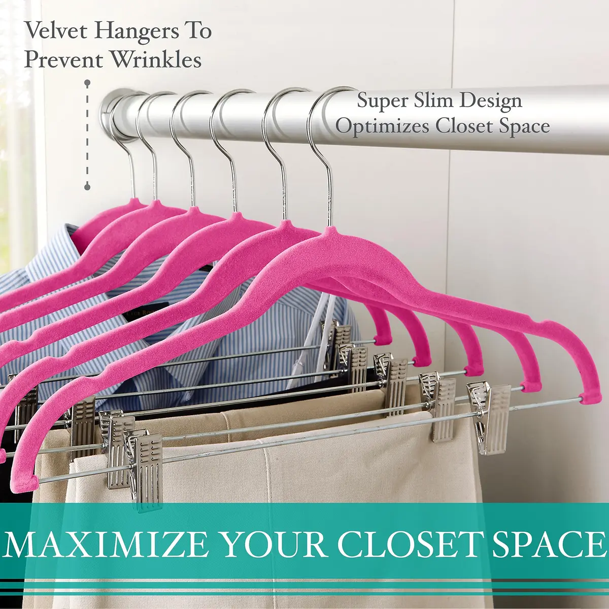 Simplify 6 Pack Slim Velvet Hangers with Clips Space Saver Prevent Garment Creases Fuchsia | Anti-Slip, Durable, Swivel Neck - view 4