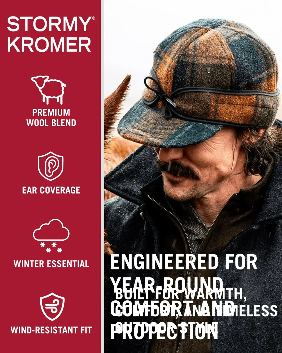 Stormy Kromer The Original Cap, Red/Black Plaid, Size 7 (22-24 oz Wool Blend, 100% Cotton Flannel Lining, Adjustable Earband) - view 2