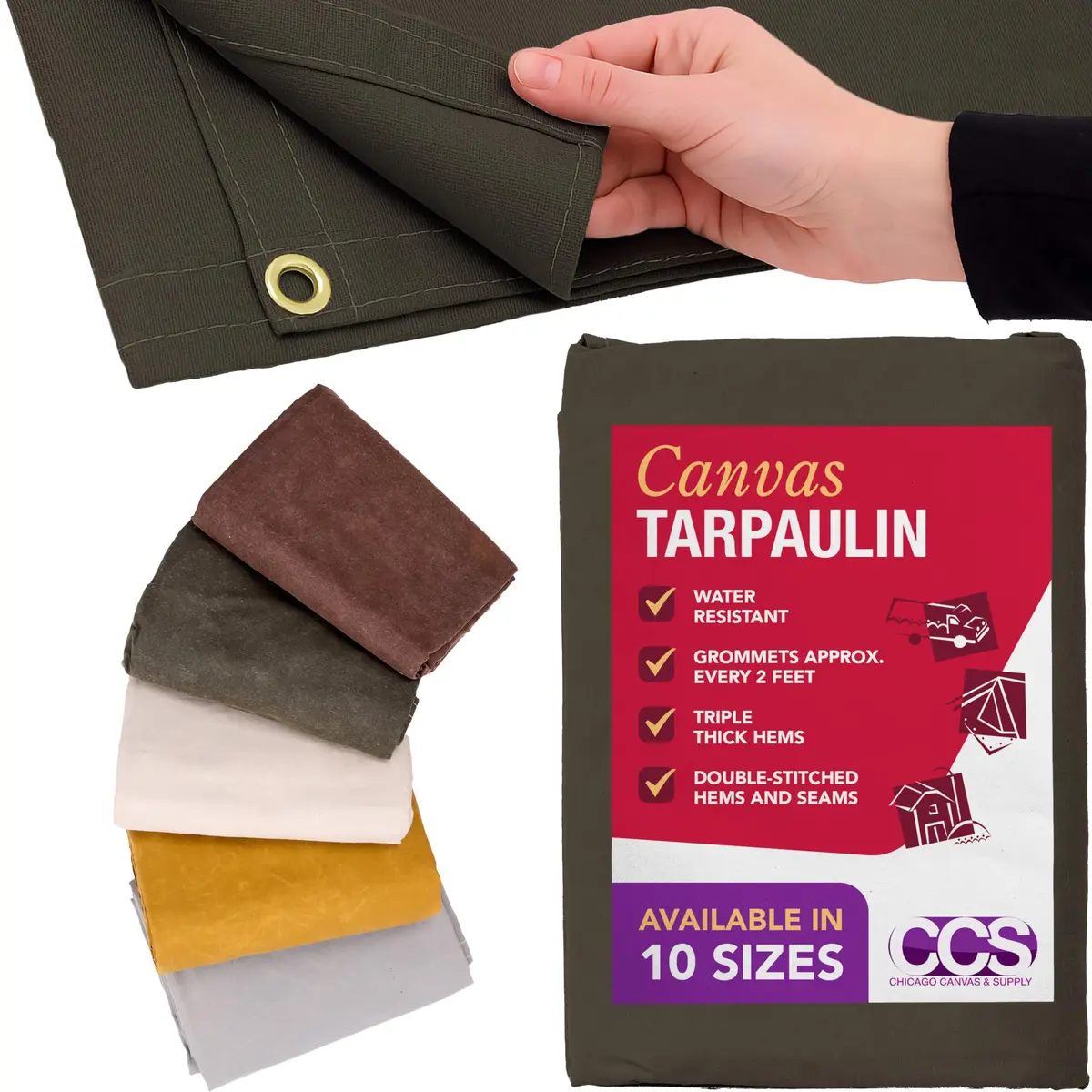 CCS Waterproof Canvas Tarp Cover – Heavy Duty Duck Cloth, Waxed Canvas Tarpaulin with Rustproof Brass Grommets for Camping, Construction, Equipment & Outdoor Use (Olive Drab, 7x9 Ft) - main product image