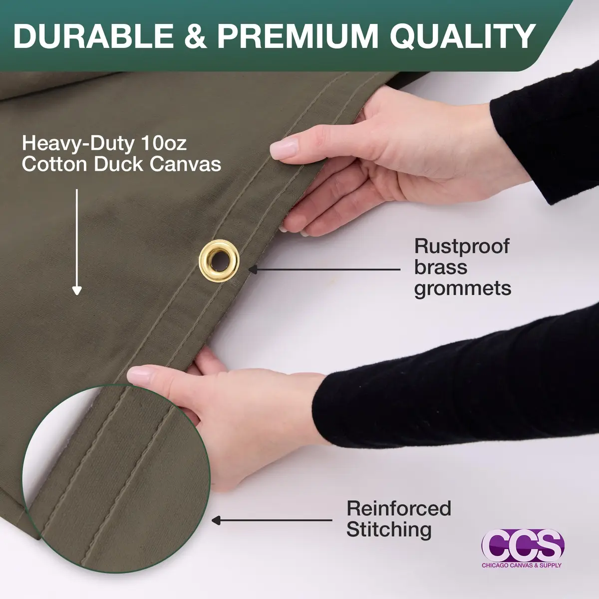 CCS Waterproof Canvas Tarp Cover – Heavy Duty Duck Cloth, Waxed Canvas Tarpaulin with Rustproof Brass Grommets for Camping, Construction, Equipment & Outdoor Use (Olive Drab, 7x9 Ft) - view 2