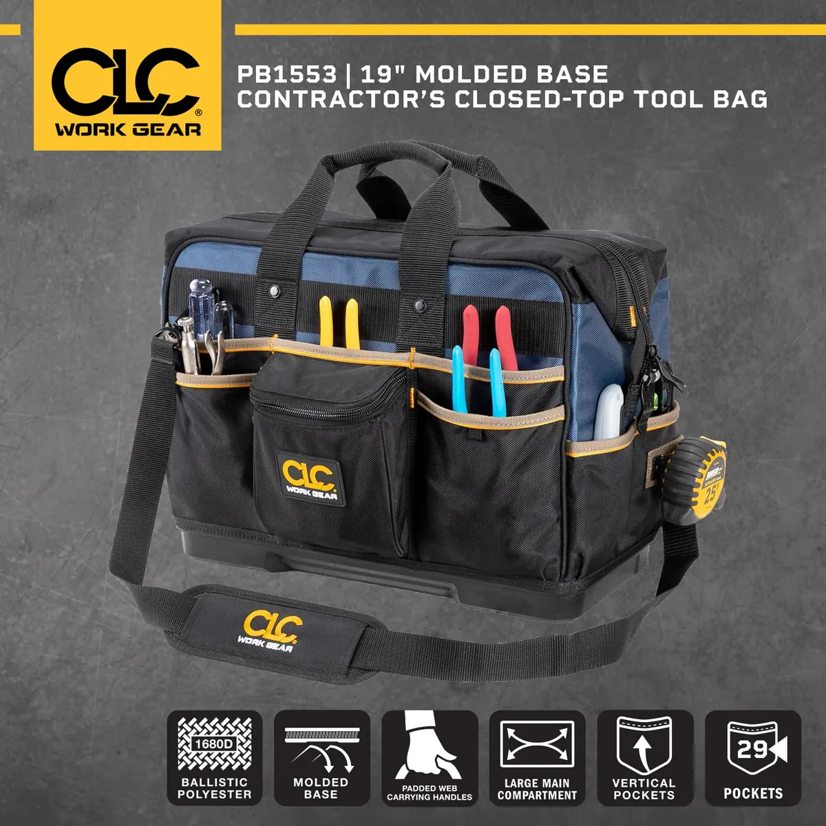 Custom Leathercraft PB1553 19" Molded Base Contractor's Tool Bag | Heavy-Duty, Water-Resistant, 13 Pockets - view 5
