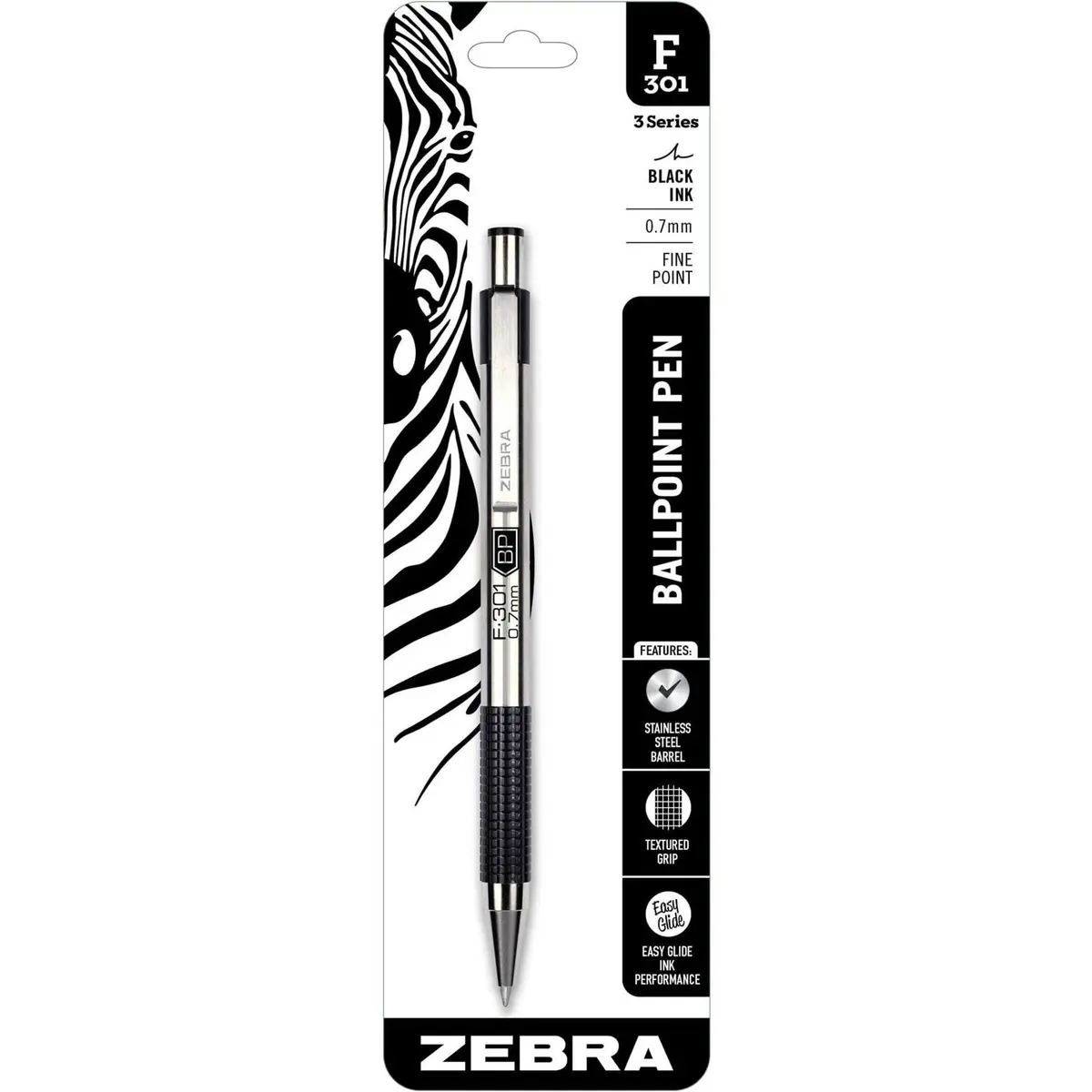 Zebra F-301 Ballpoint Retractable Pen, Black Ink, Medium Point | Stylish stainless steel design for smooth writing - main product image